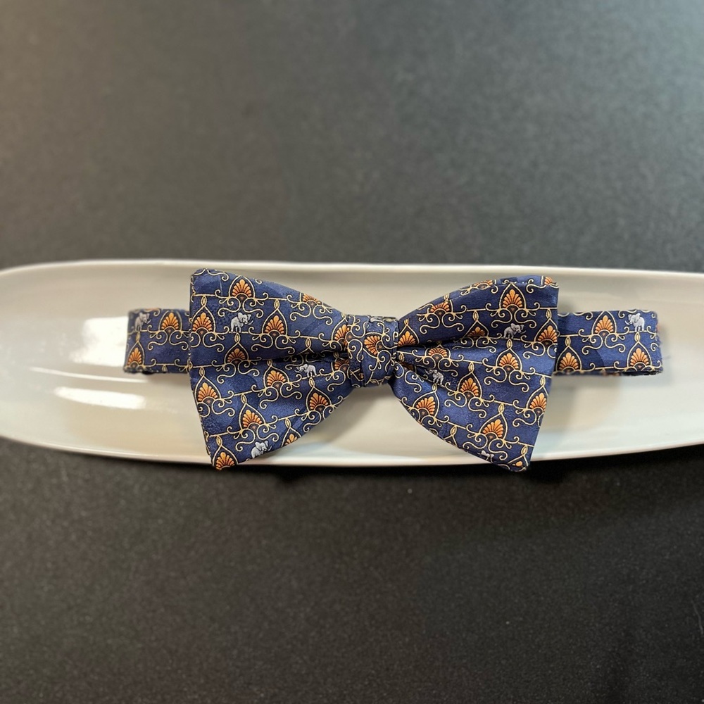 BeauTie LTD Vermont Bow Tie, Blue Gold Crown. Adjustable. 100% Silk.